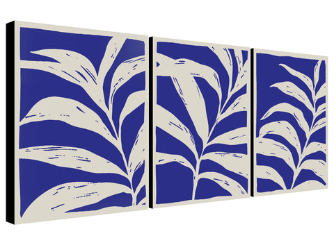 Blue and White Leaves Set of 3 Abstract Wall Art - Canvas Wall Art Framed Prints - Various Sizes