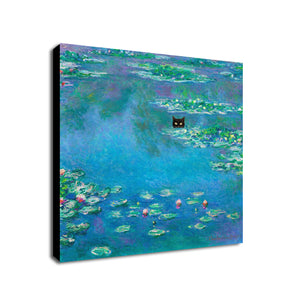 Monet Water Lilies with Black Cat Funny Wall Art - Framed Canvas Wall Art Print - Various Sizes