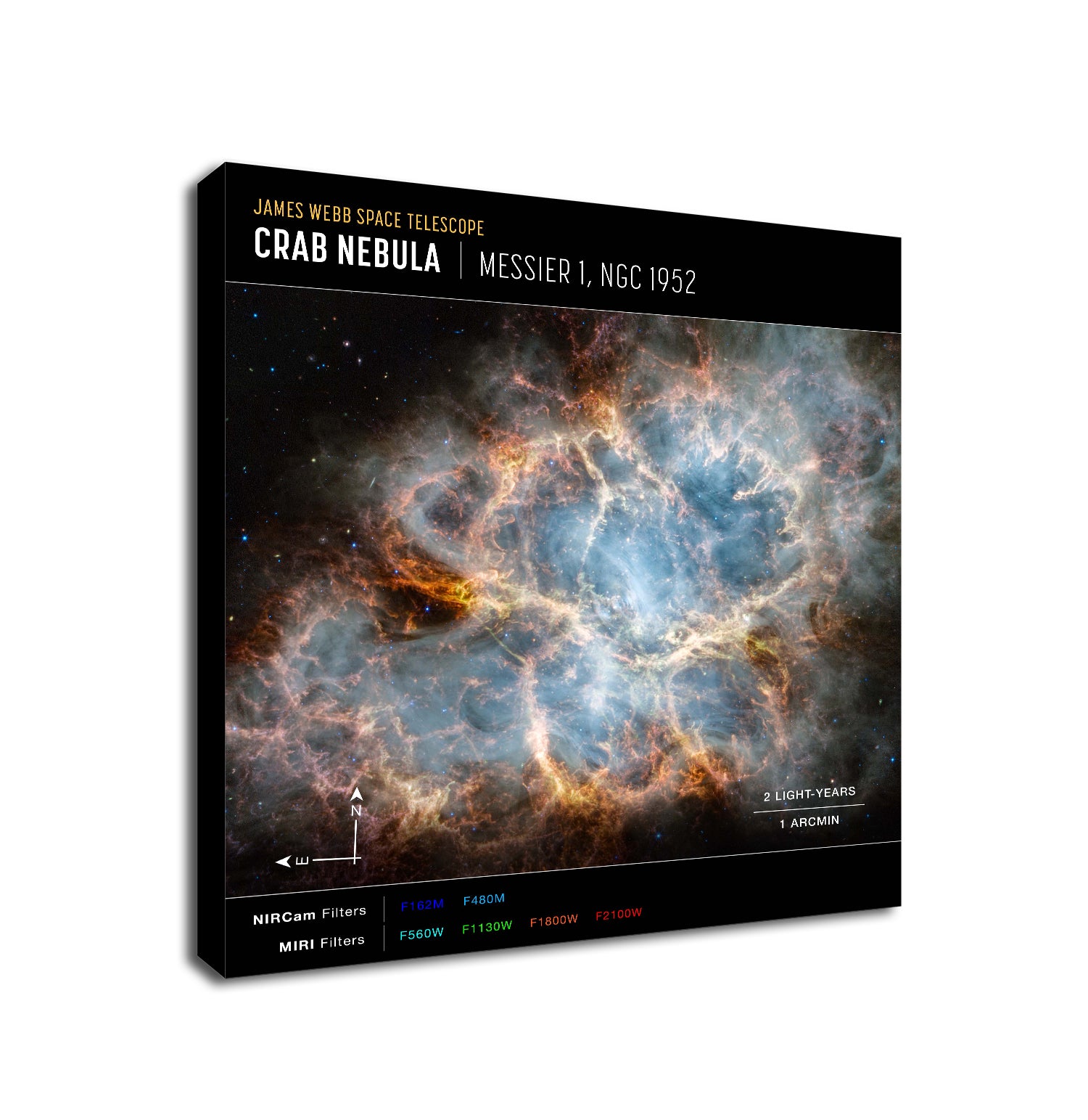 NASA James Webb Telescope - Crab Nebula (NIRCam and MIRI Compass Image) Wall Art - Framed Canvas Wall Art Print - Various Sizes