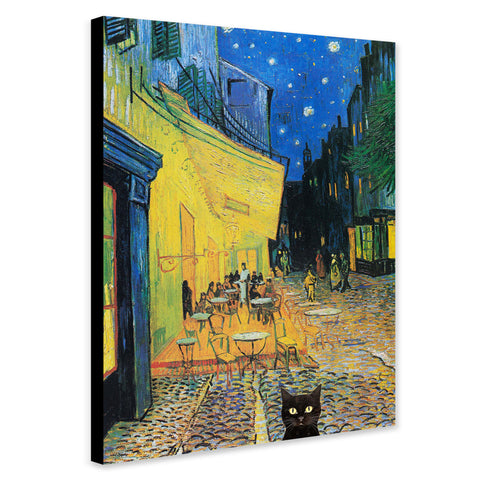 Café Terrace at Night with Black Cat - Funny Wall Art by Vincent Van Gogh - Canvas Wall Art Framed Print - Various Sizes