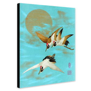 Three Sarus Crane Flying In Front Of The Moon - Vintage Japanese Art By by G.A. Audsley - Canvas Wall Art Framed Print - Various Sizes
