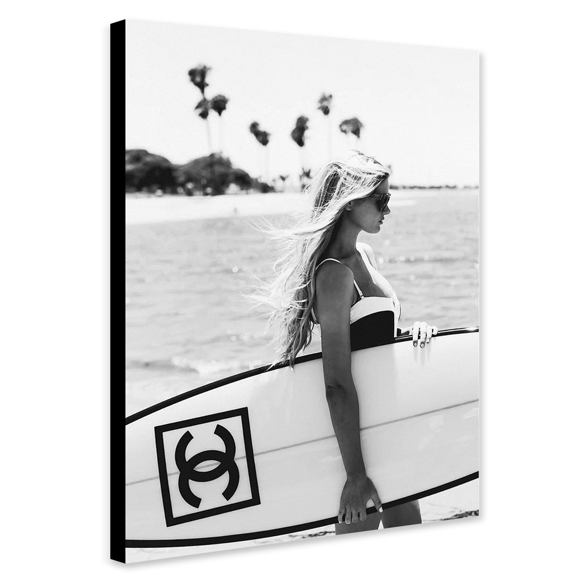 Surfer Girl Surfboard - Monochrome - Fashion Wall Art - Canvas Wall Art Framed Print - Various Sizes