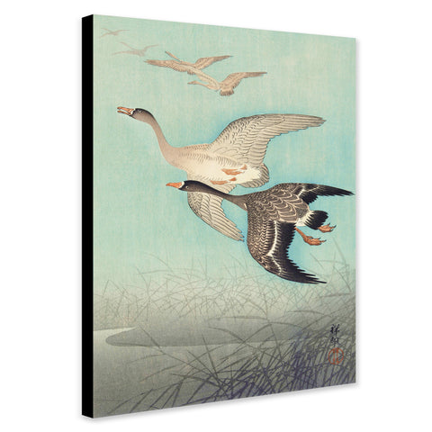 Great Geese in Flight - Japanese Art by Ohara Koson - Canvas Wall Art Framed  Print - Various Sizes