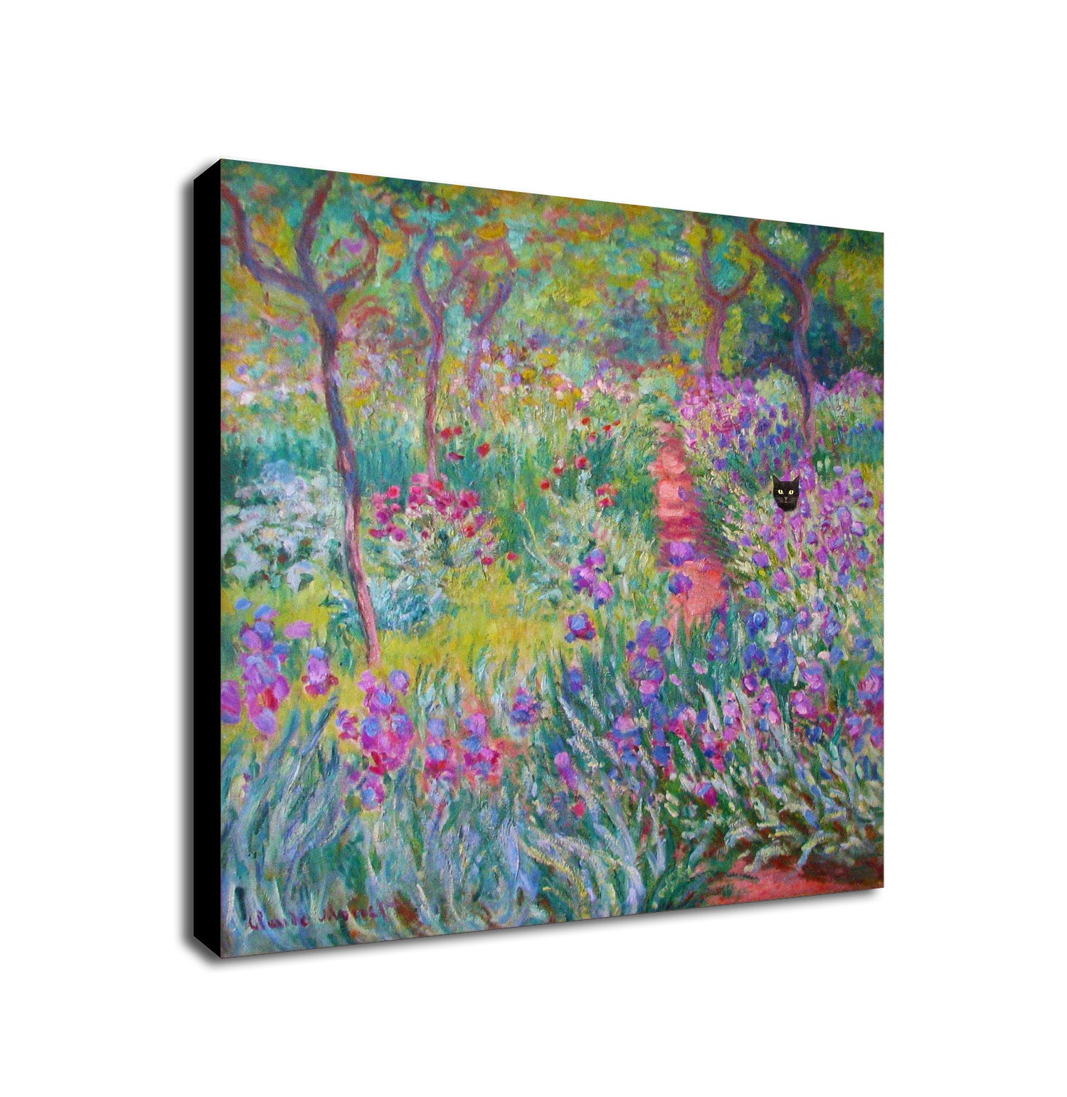 The Artist's Garden in Giverny by Claude Monet with Black Cat - Funny Wall Art - Framed Canvas Wall Art Print - Various Sizes