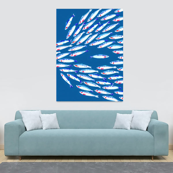 Shoal Of Fish - Blue Art Print - Canvas Wall Art Framed Print - Various Sizes