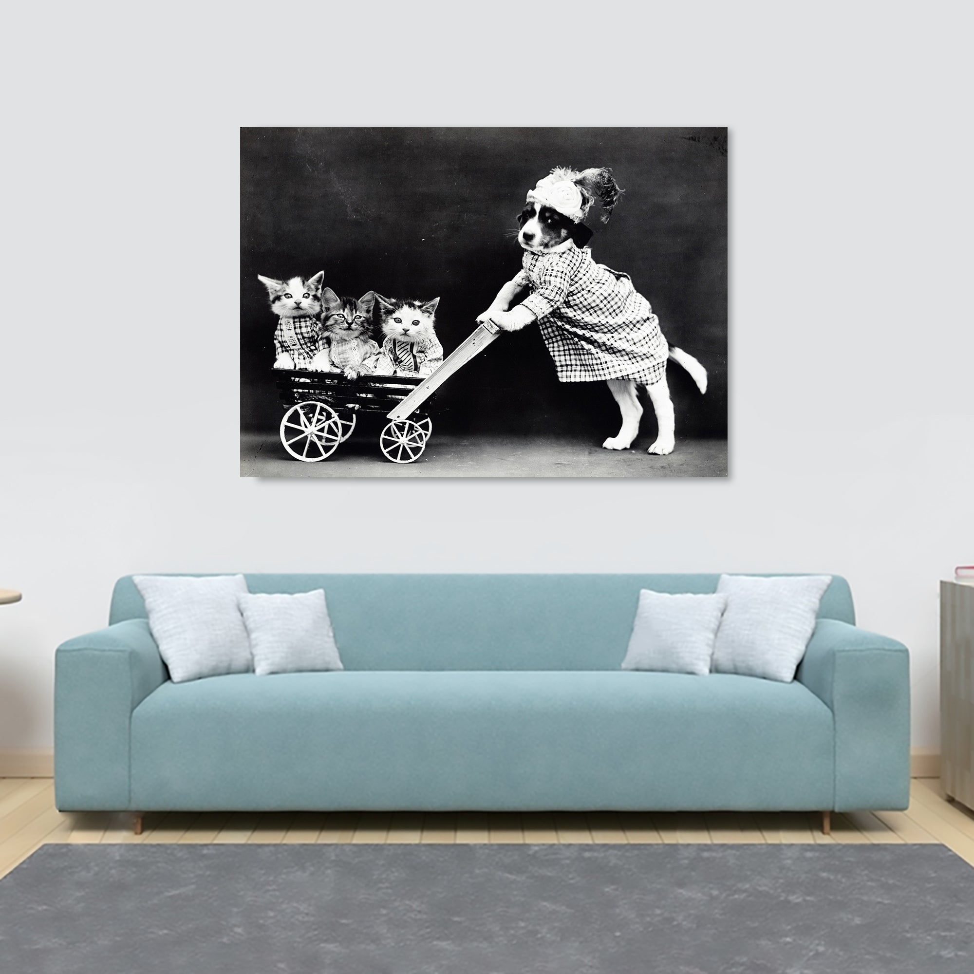 Funny Dressed Puppy and Kittens Vintage Wall Art - Canvas Wall Art Framed Print - Various Sizes