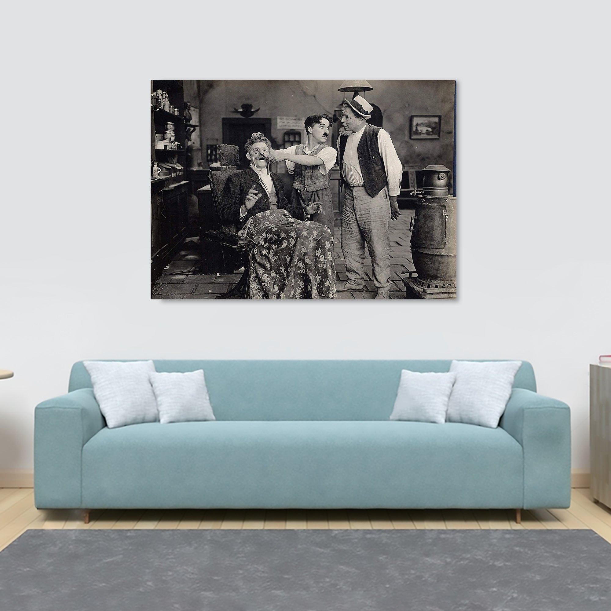 Charlie Chaplin Barbers - Movie Wall Art - Canvas Wall Art Framed Print - Various Sizes