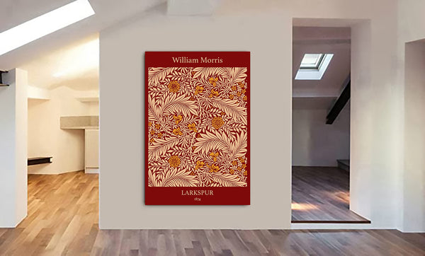 Larkspur Pattern in Red - Wall art by William Morris - Canvas Wall Art Framed Print - Various Sizes