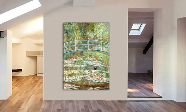 Bridge over a Pond of Water Lilies with Black Cat Funny Art by Claude Monet - Canvas Wall Art Framed Print - Various Sizes