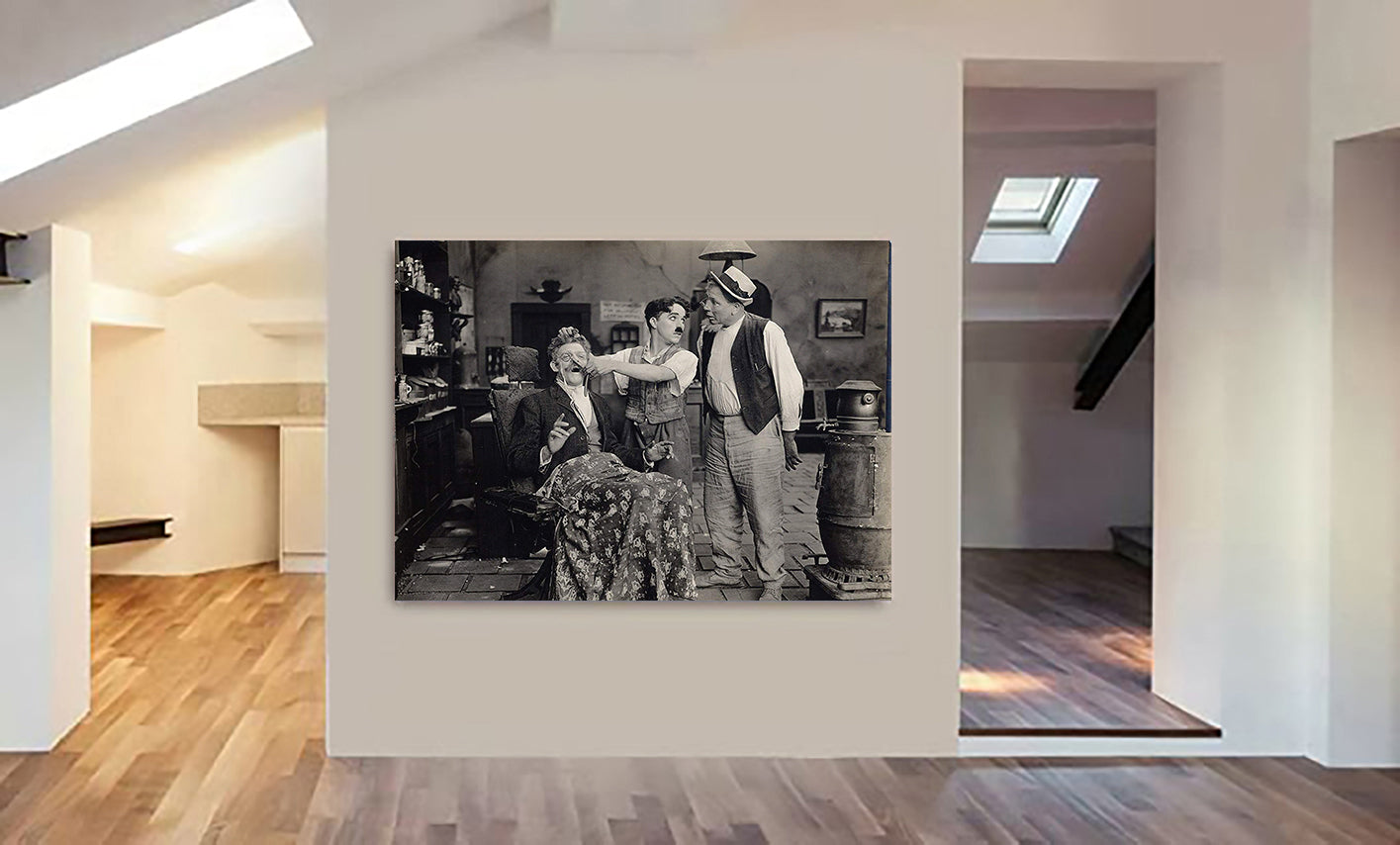 Charlie Chaplin Barbers - Movie Wall Art - Canvas Wall Art Framed Print - Various Sizes