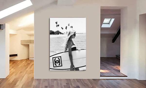 Surfer Girl Surfboard - Monochrome - Fashion Wall Art - Canvas Wall Art Framed Print - Various Sizes