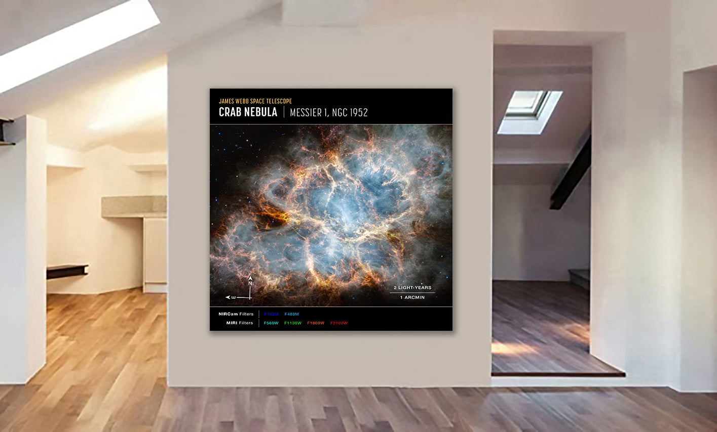 NASA James Webb Telescope - Crab Nebula (NIRCam and MIRI Compass Image) Wall Art - Framed Canvas Wall Art Print - Various Sizes