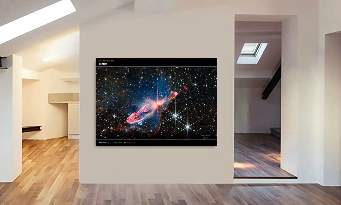 NASA - James Webb Telescope - Herbig-Haro 46/47 (NIRCam Compass Image) Wall Art - Canvas Wall Art Framed Print - Various Sizes
