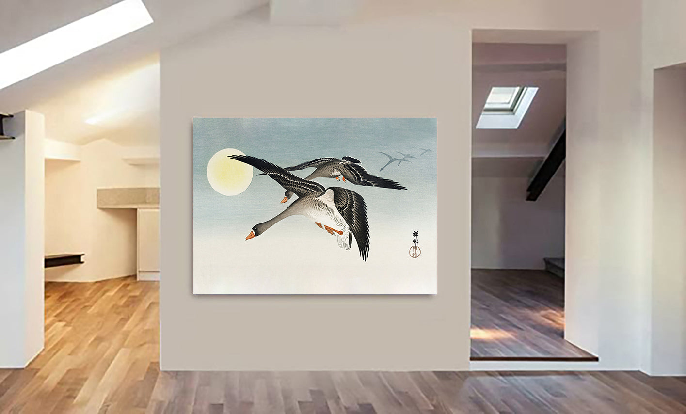 Birds At Full Moon - Vintage Japanese Wall Art by Ohara Koson - Canvas Wall Art Framed  Print - Various Sizes