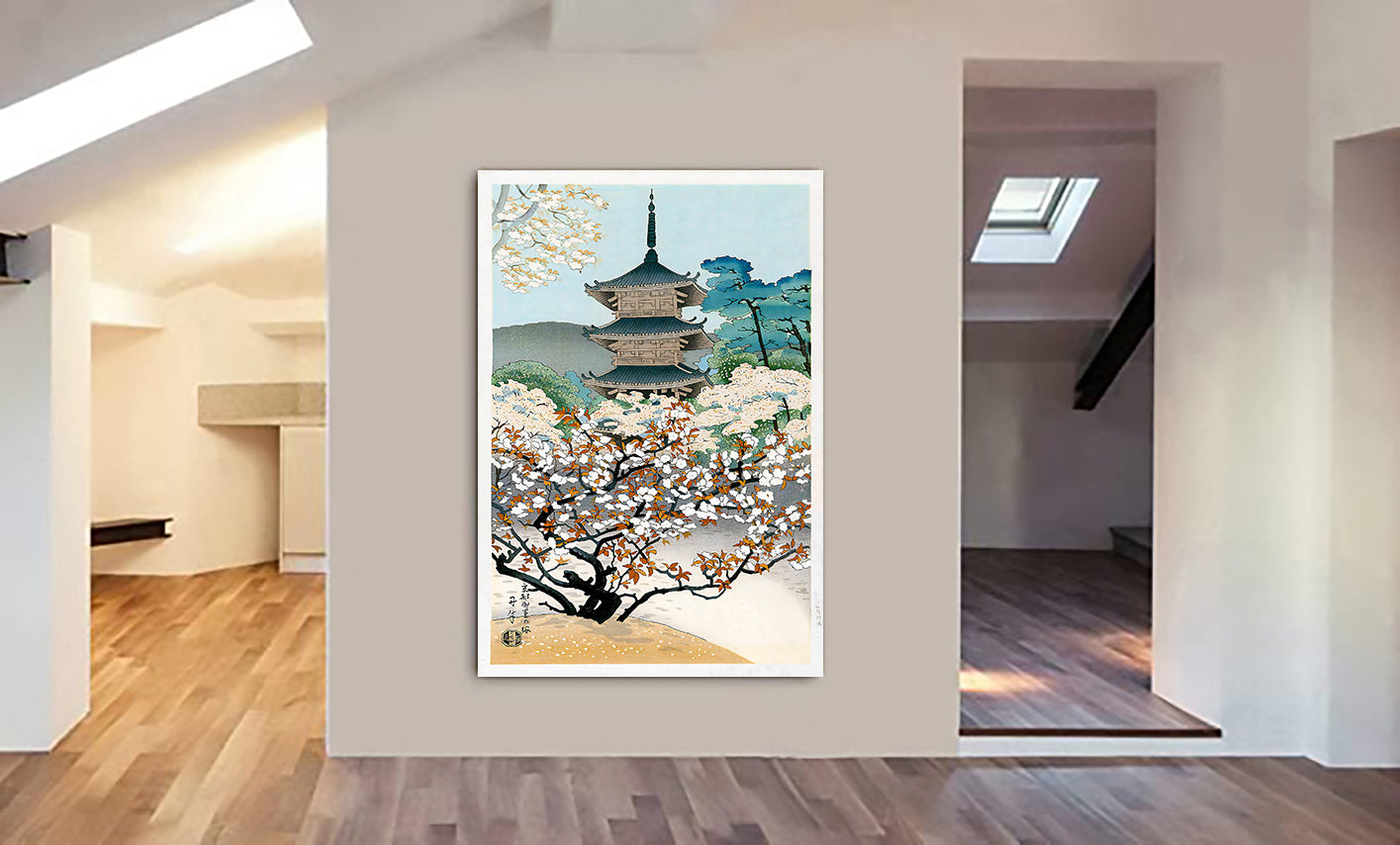 Cherry Blossoms at Ninnai Temple -  Japanese Wall Art by Asada Benji - Canvas Wall Art Framed Print - Various Sizes