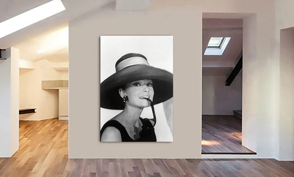 Audrey Hepburn - Breakfast At Tiffany's - Wearing a Hat - Movie Wall Art - Canvas Wall Framed Print - Various Sizes