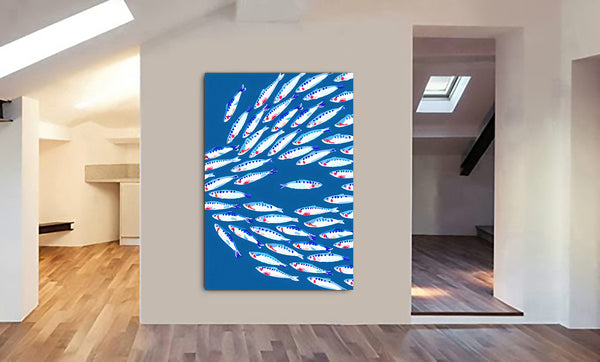 Shoal Of Fish - Blue Art Print - Canvas Wall Art Framed Print - Various Sizes