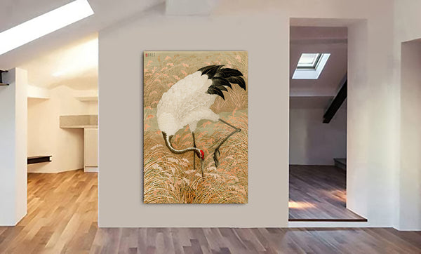 Sarus Crane In Rice Field - Vintage Japanese  Wall Art by G.A. Audsley - Canvas Wall Art Framed Print - Various Sizes