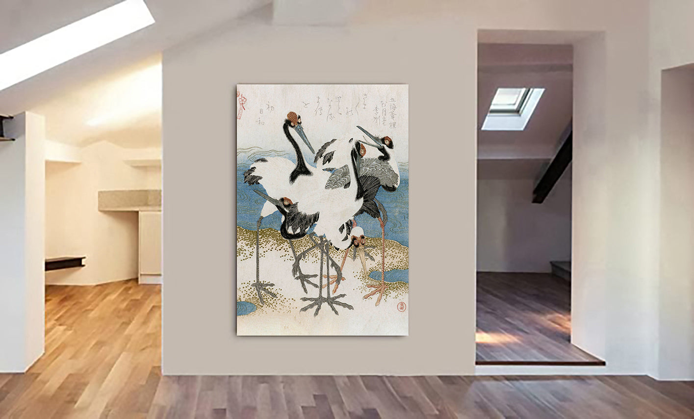 Five Cranes - Vintage Japanese Wall Art by Kubota Shunman - Canvas Wall Art Framed  Print - Various Sizes