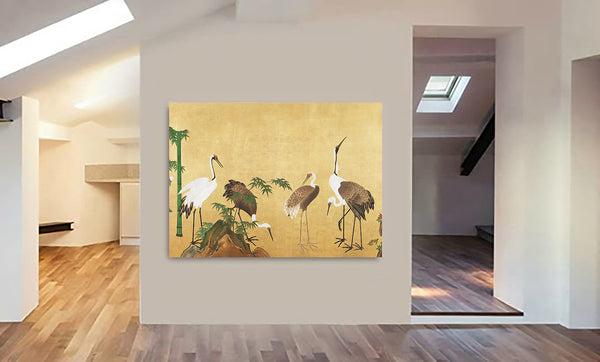 Japanese Cranes with Bamboo - Vintage Wall Art - Canvas Wall Art Framed  Print - Various Sizes
