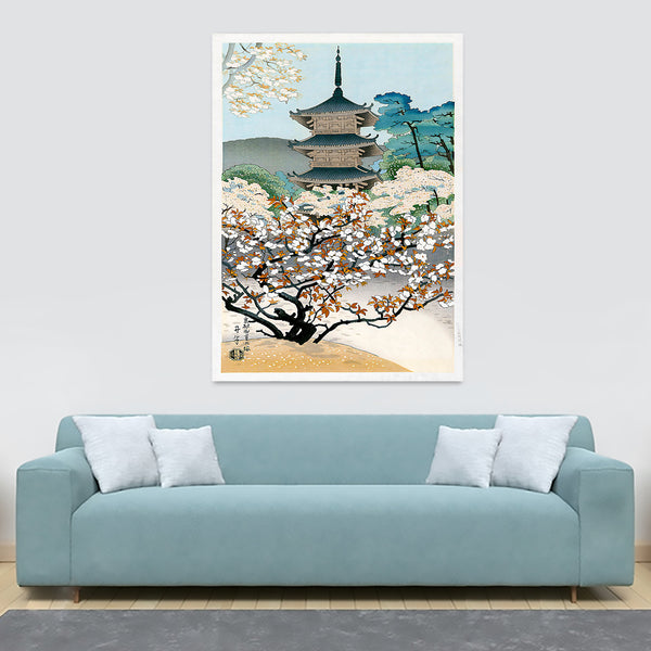 Cherry Blossoms at Ninnai Temple -  Japanese Wall Art by Asada Benji - Canvas Wall Art Framed Print - Various Sizes