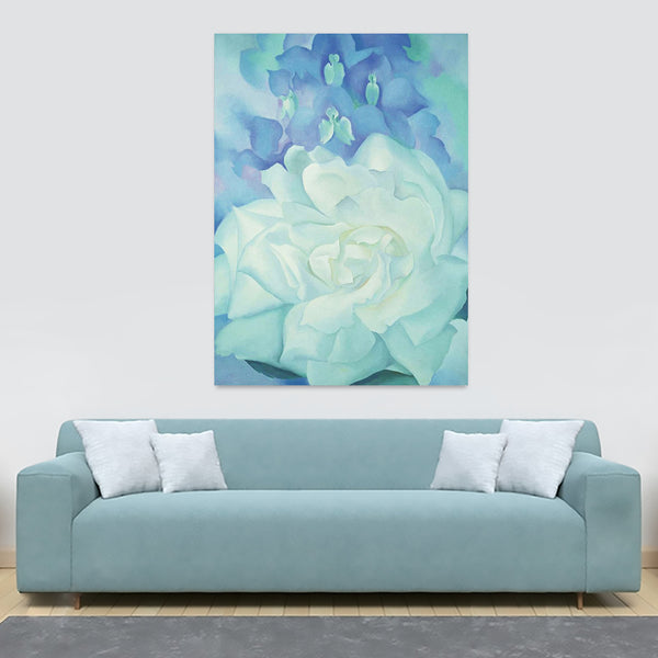 White Rose with Larkspuer No 2 Wall Art by George Okeefe - Canvas Wall Art Framed Print - Various Sizes