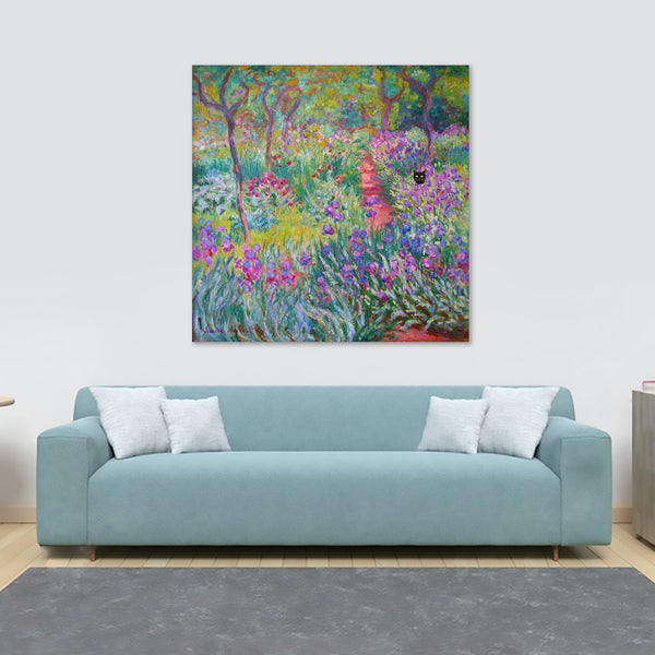 The Artist's Garden in Giverny by Claude Monet with Black Cat - Funny Wall Art - Framed Canvas Wall Art Print - Various Sizes
