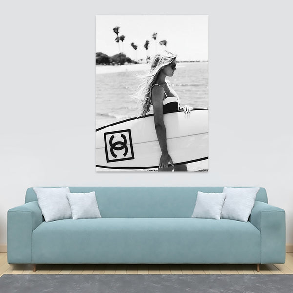 Surfer Girl Surfboard - Monochrome - Fashion Wall Art - Canvas Wall Art Framed Print - Various Sizes