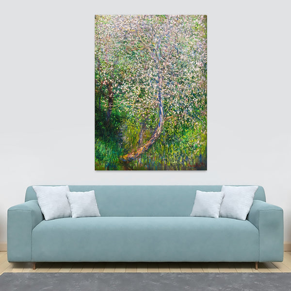 Apple Tree In Flowers At The Waterfront by Claude Monet - Canvas Wall Art Framed Print - Various Sizes