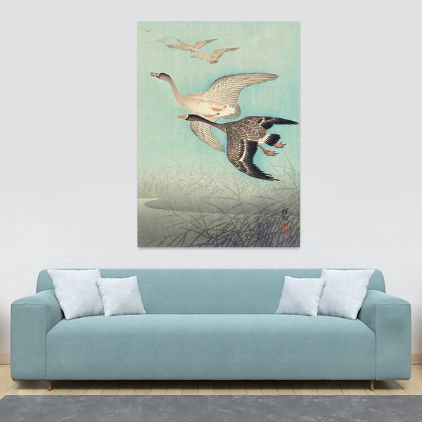 Great Geese in Flight - Japanese Art by Ohara Koson - Canvas Wall Art Framed  Print - Various Sizes