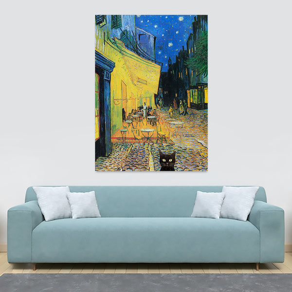 Café Terrace at Night with Black Cat - Funny Wall Art by Vincent Van Gogh - Canvas Wall Art Framed Print - Various Sizes