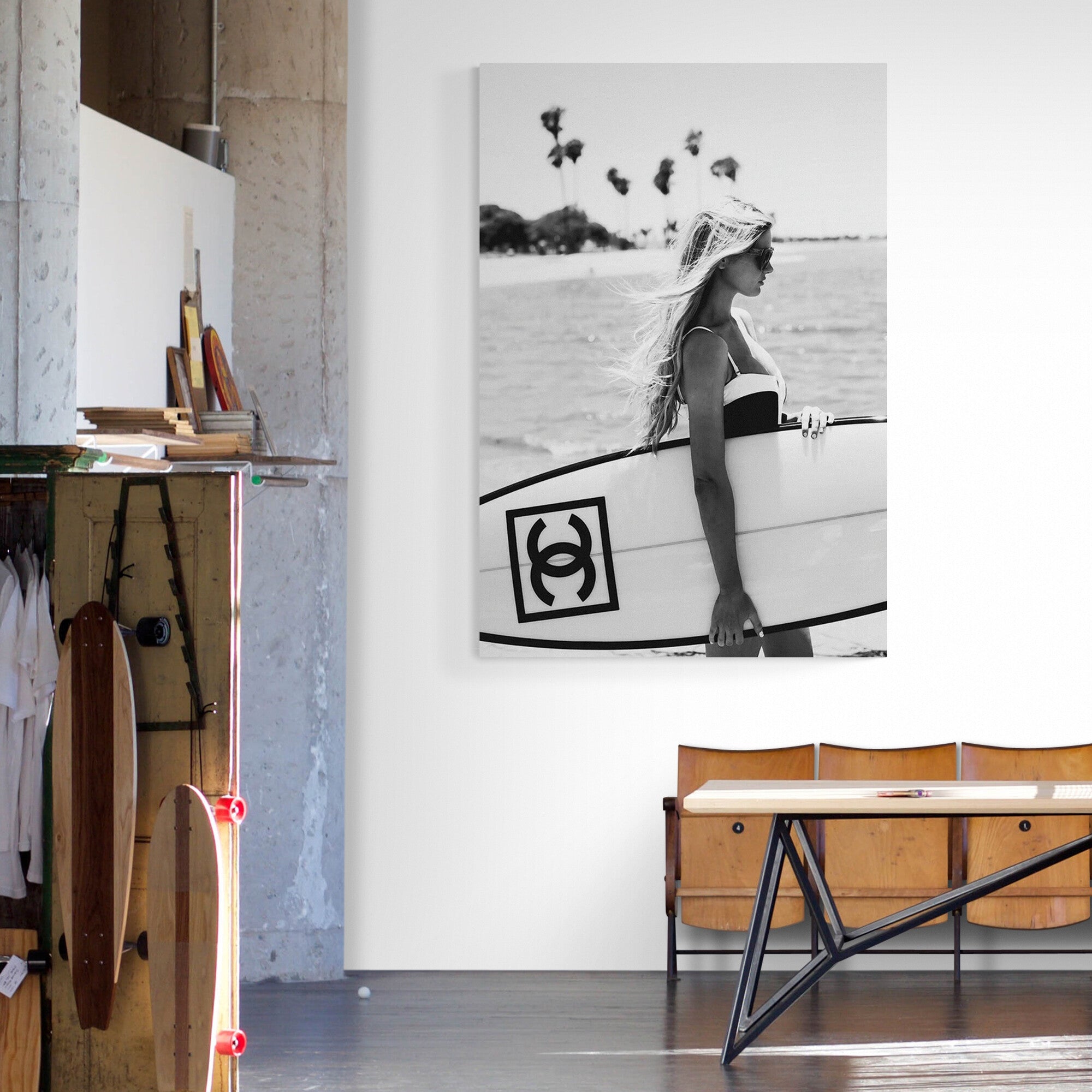 Surfer Girl Surfboard - Monochrome - Fashion Wall Art - Canvas Wall Art Framed Print - Various Sizes