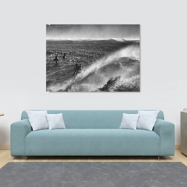 Surfers - Monochrome Waves - Wall Art  - Canvas Wall Art Framed Print - Various Sizes
