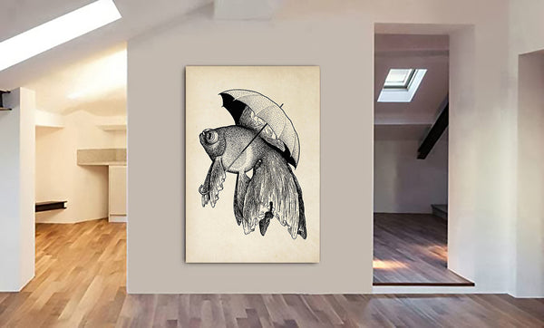 Vintage Fish with Umbrella Wall Art - Canvas Wall Art Framed Print - Various Sizes