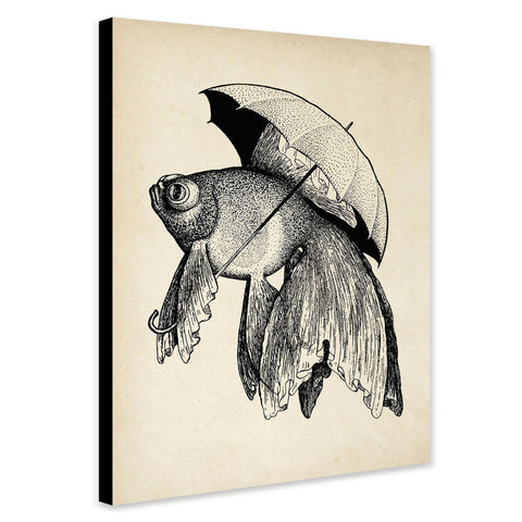 Vintage Fish with Umbrella Wall Art - Canvas Wall Art Framed Print - Various Sizes