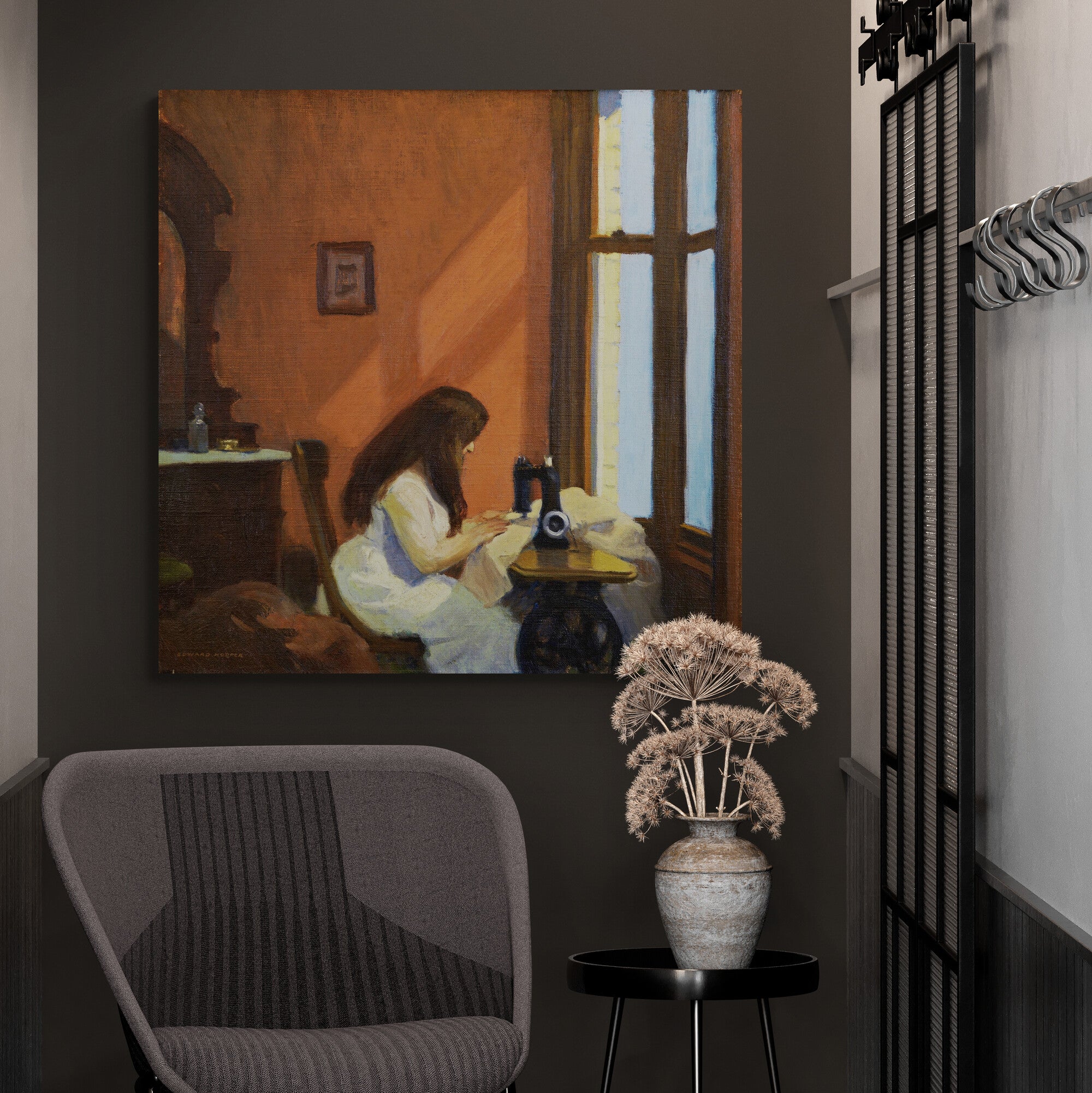 Girl At A Sewing Machine Wall Art by Edward Hopper - Framed Canvas Wall Art Print - Various Sizes