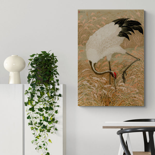 Sarus Crane In Rice Field - Vintage Japanese  Wall Art by G.A. Audsley - Canvas Wall Art Framed Print - Various Sizes