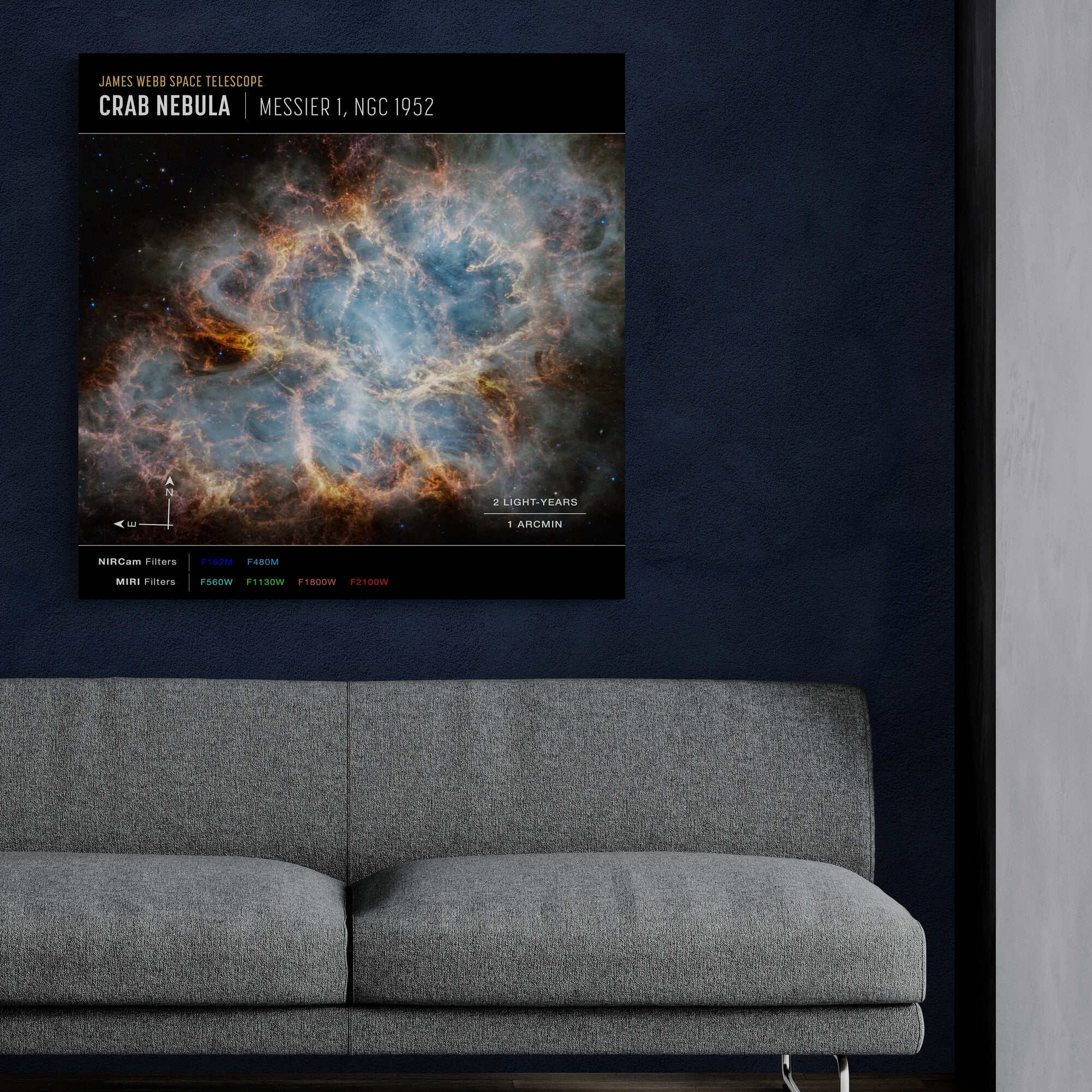 NASA James Webb Telescope - Crab Nebula (NIRCam and MIRI Compass Image) Wall Art - Framed Canvas Wall Art Print - Various Sizes