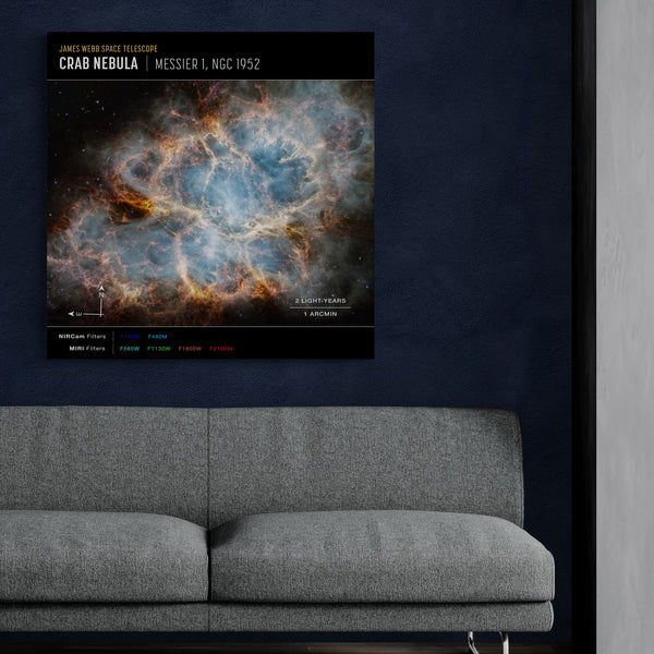 NASA James Webb Telescope - Crab Nebula (NIRCam and MIRI Compass Image) Wall Art - Framed Canvas Wall Art Print - Various Sizes