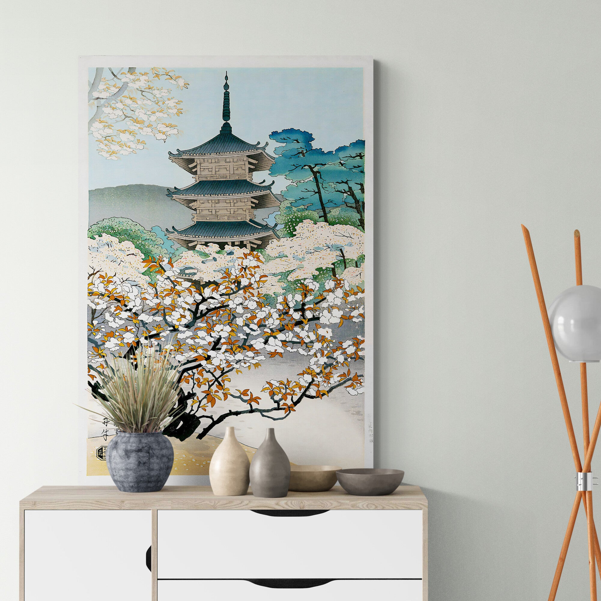 Cherry Blossoms at Ninnai Temple -  Japanese Wall Art by Asada Benji - Canvas Wall Art Framed Print - Various Sizes