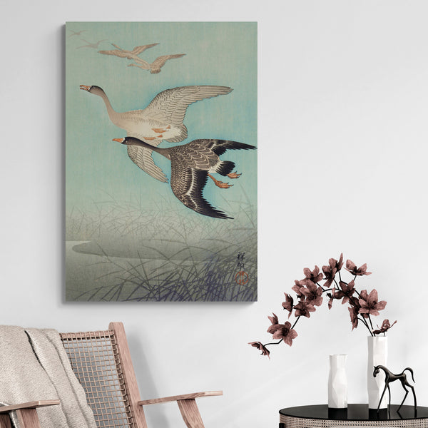 Great Geese in Flight - Japanese Art by Ohara Koson - Canvas Wall Art Framed  Print - Various Sizes