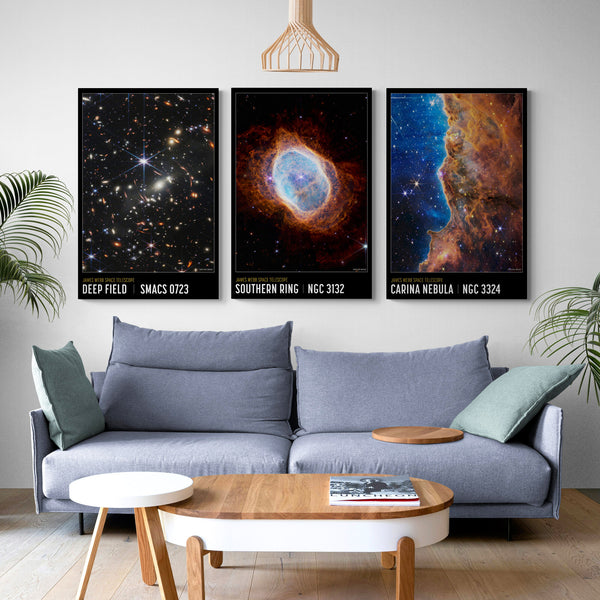 NASA Deep Field Set Of 3  - James Webb Space Telescope First Images, Carina Nebula - Canvas Wall Art Framed Prints - Various Sizes