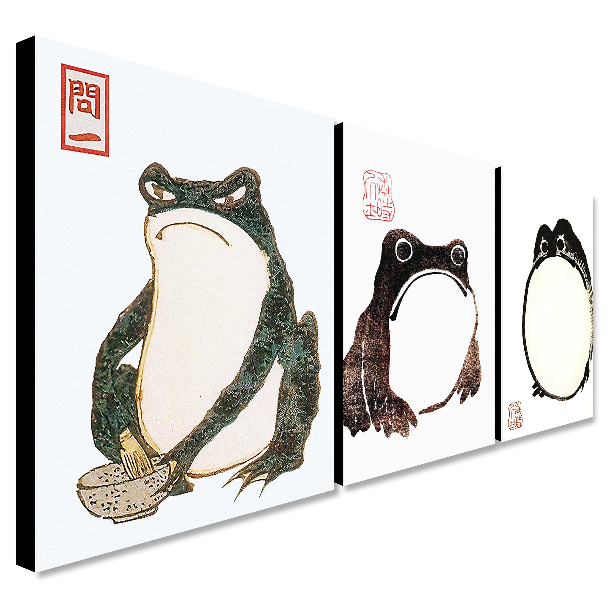 Japanese Art - Set of 3 images - Vintage Frog - Canvas Wall Art Framed Prints - Various Sizes