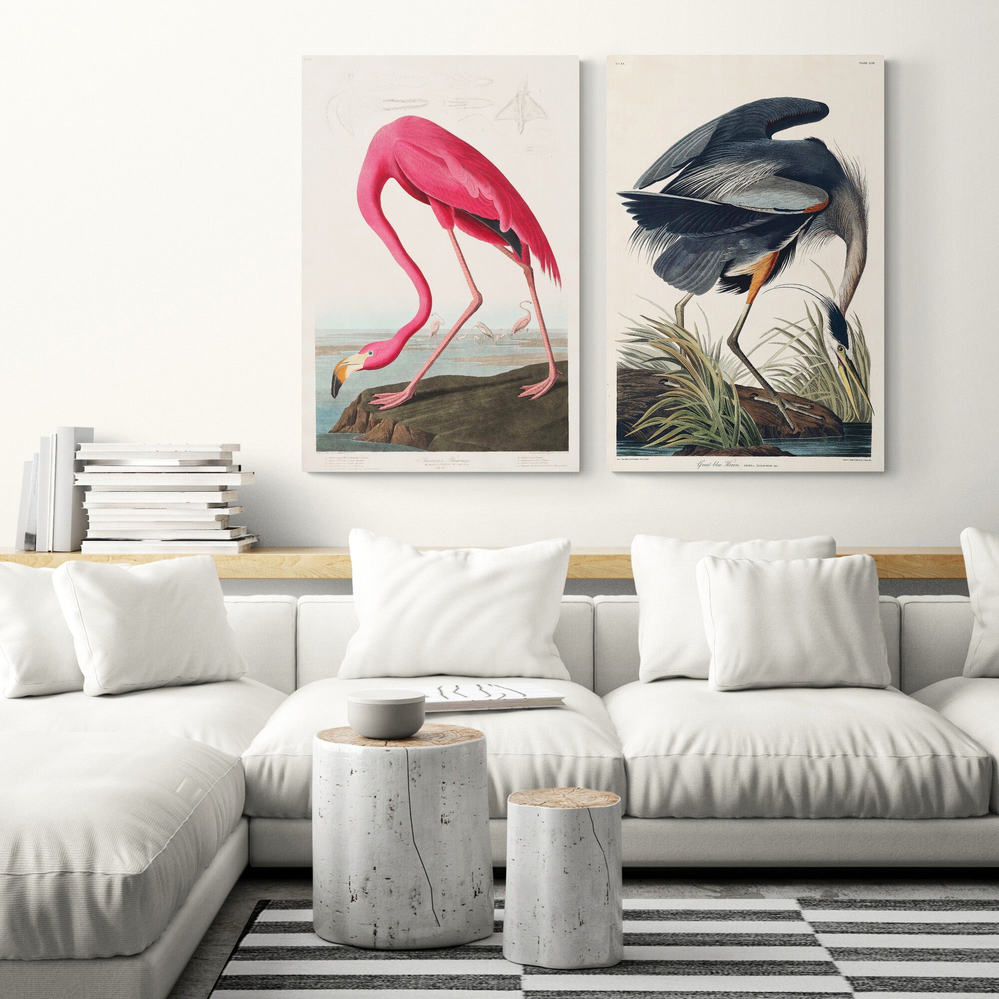 Birds Of America - Pink Flamingo - Great Blue Heron Set of 2 by John James Audubon - Canvas Wall Art Framed Prints - Various Sizes