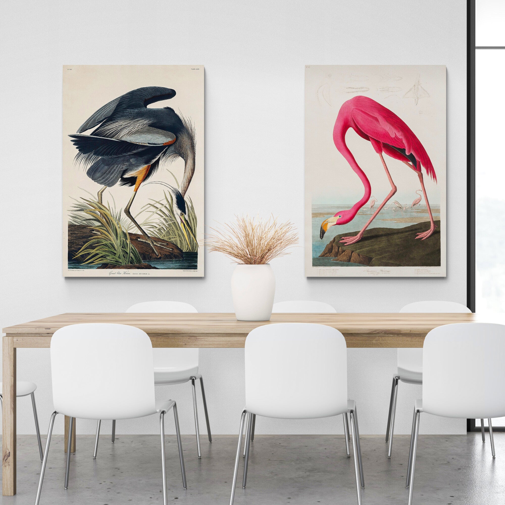Birds Of America - Pink Flamingo - Great Blue Heron Set of 2 by John James Audubon - Canvas Wall Art Framed Prints - Various Sizes
