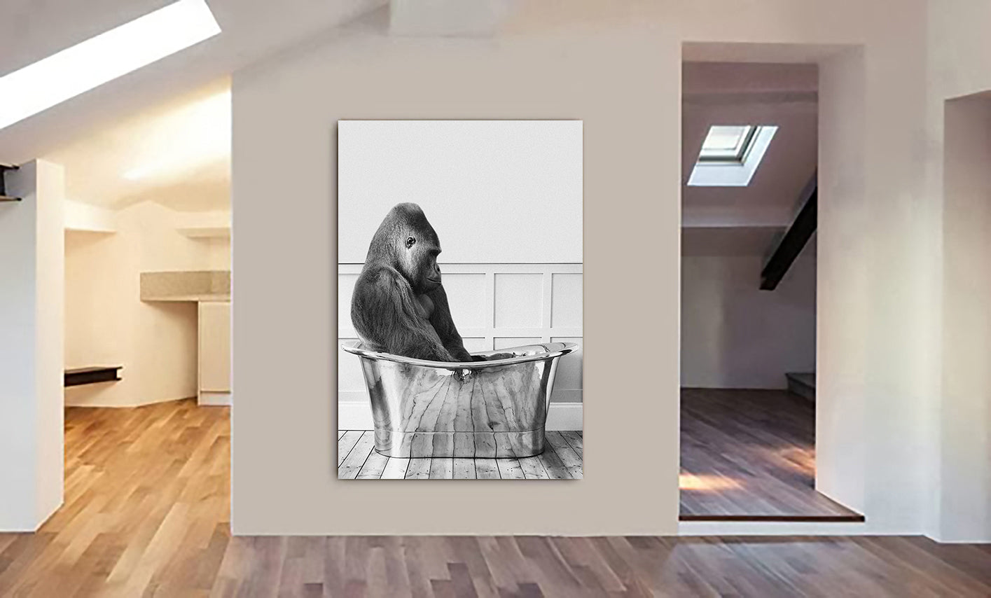 Gorilla In Bath - Funny Bathroom Wall Art - Canvas Wall Art Framed Print - Various Sizes