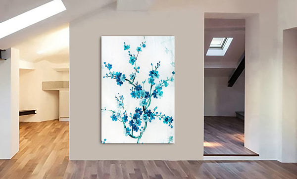 Blue Flowers With White Background Wall Art - Canvas Wall Art Framed Print - Various Sizes