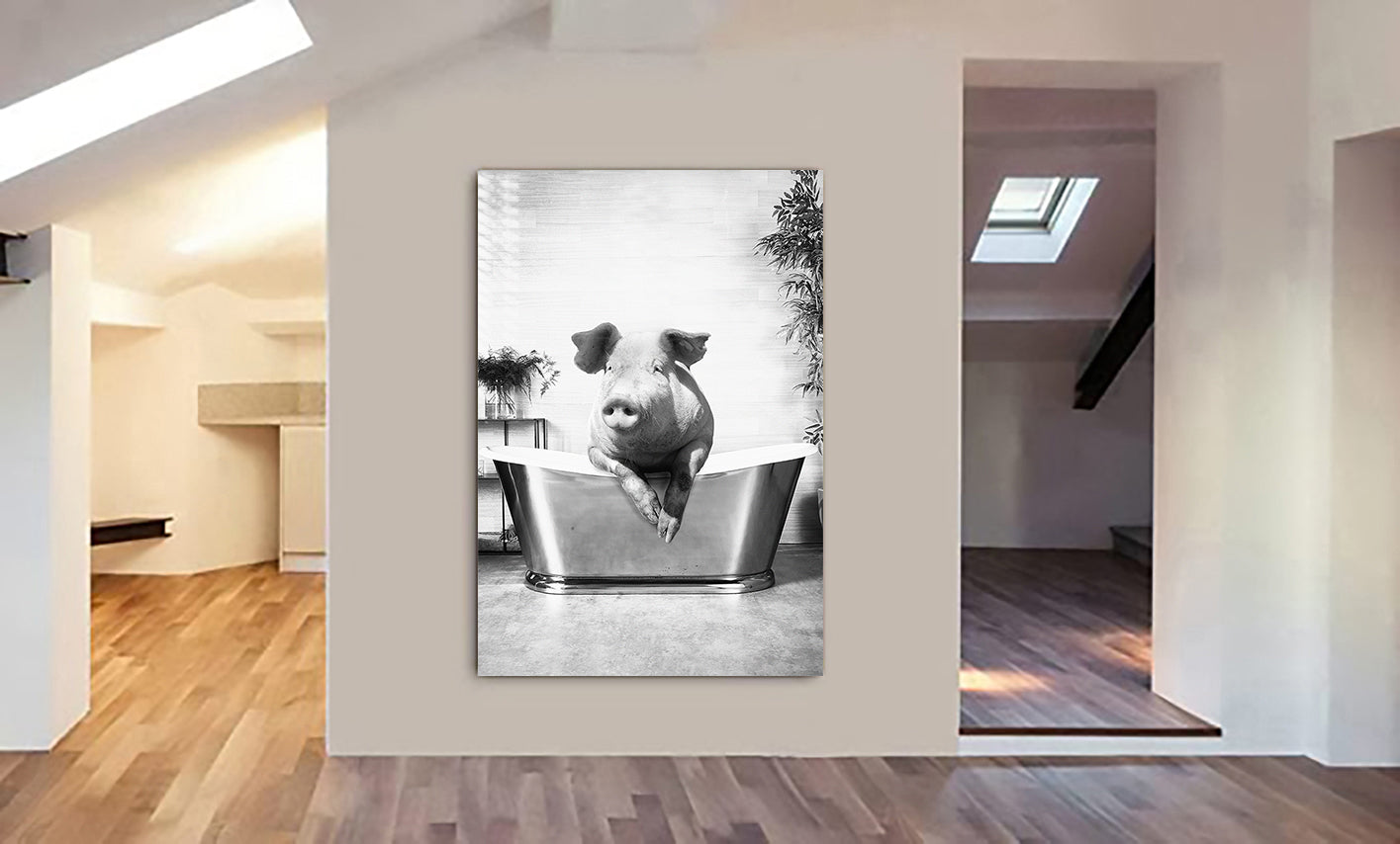 Pig In Bath  - Funny Bathroom Wall Art - Canvas Wall Art Framed Print - Various Sizes