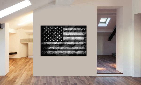 American Flag - Black And White - Canvas Wall Art Framed Print - Various Sizes