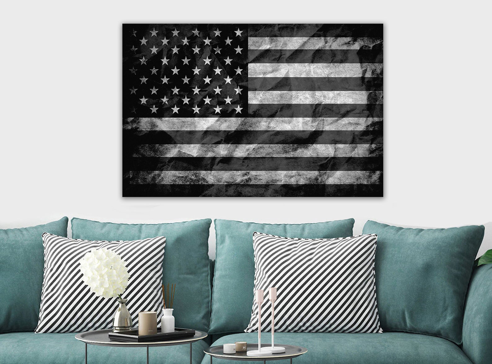 American Flag - Black And White - Canvas Wall Art Framed Print - Various Sizes